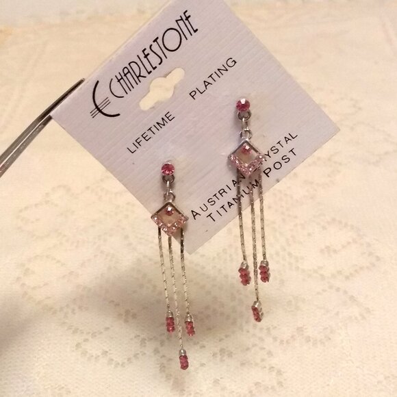 NEW Silver Plated Pink Crystal Long Drop Dangle Earrings Jewelry Gifts - Picture 1 of 7